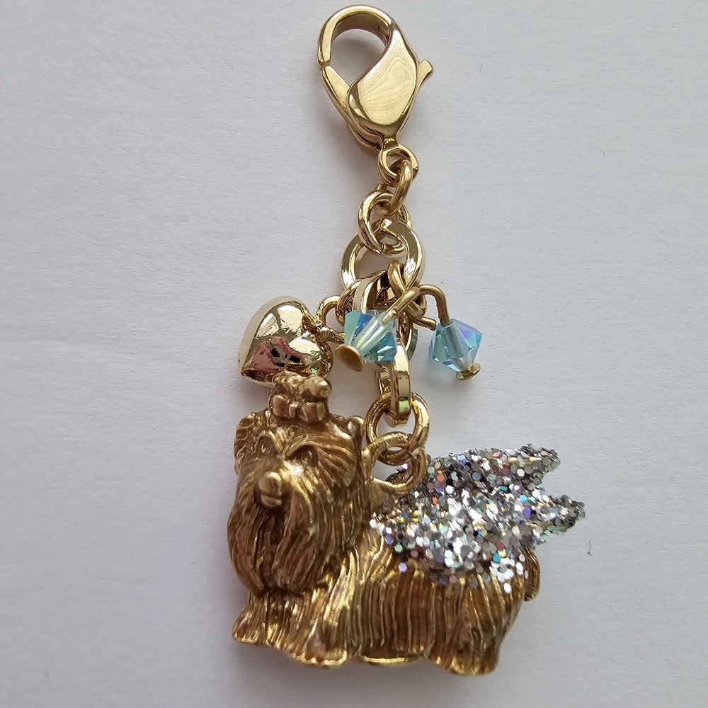 Kirks Folly Yorkie Angel Dog Charm Gold Tone Swarovski Crystal Wings NWT Vintage